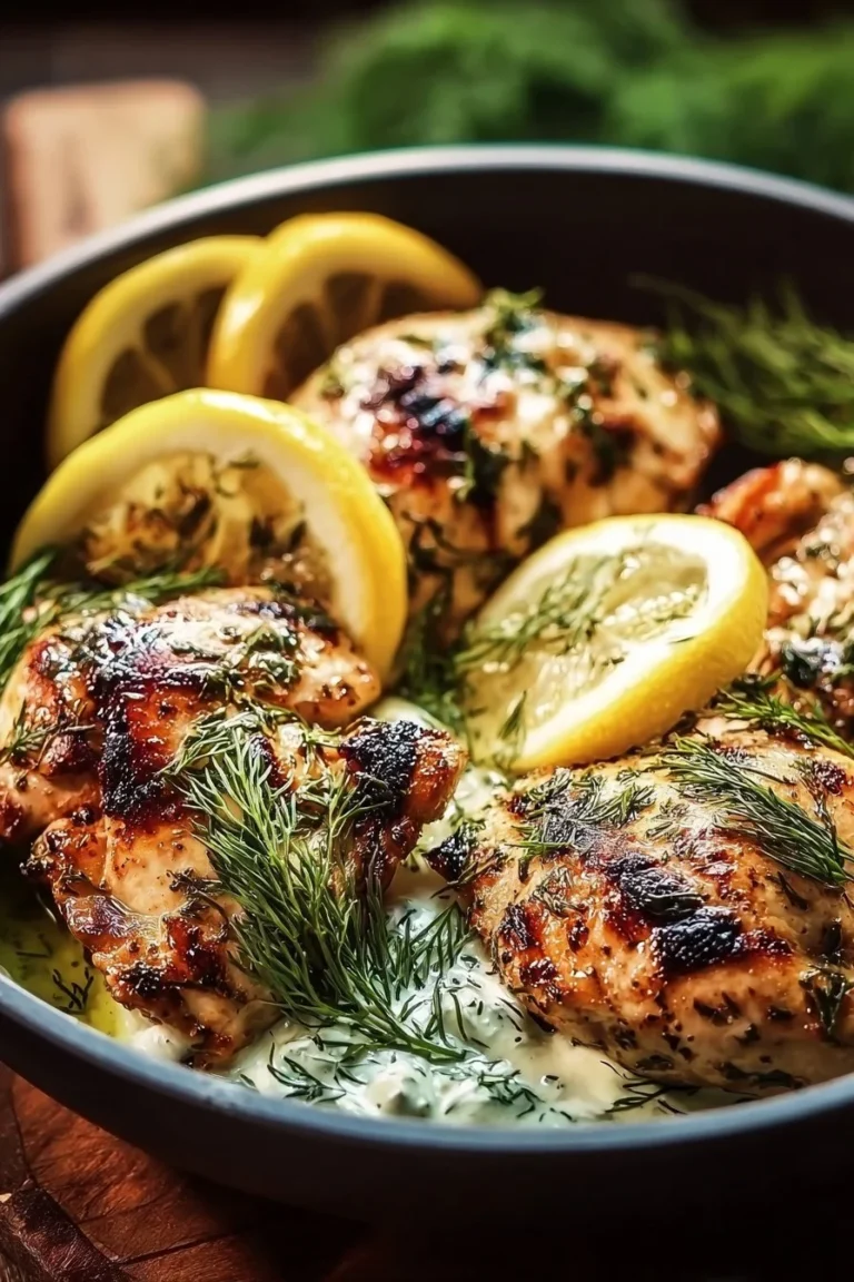 Mediterranean Lemon-Dill Chicken Bowls garnished with fresh herbs