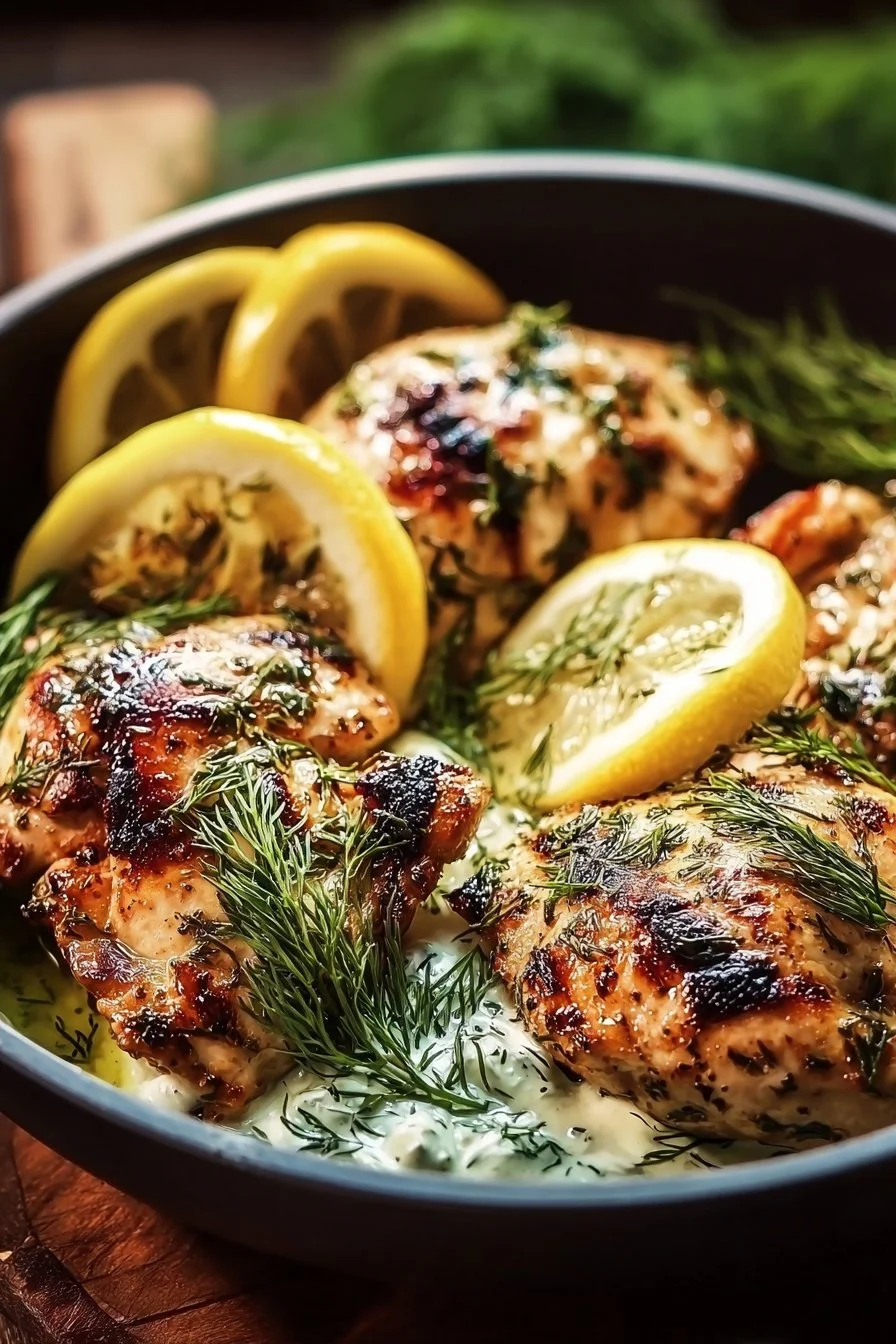 Mediterranean Lemon-Dill Chicken Bowls garnished with fresh herbs