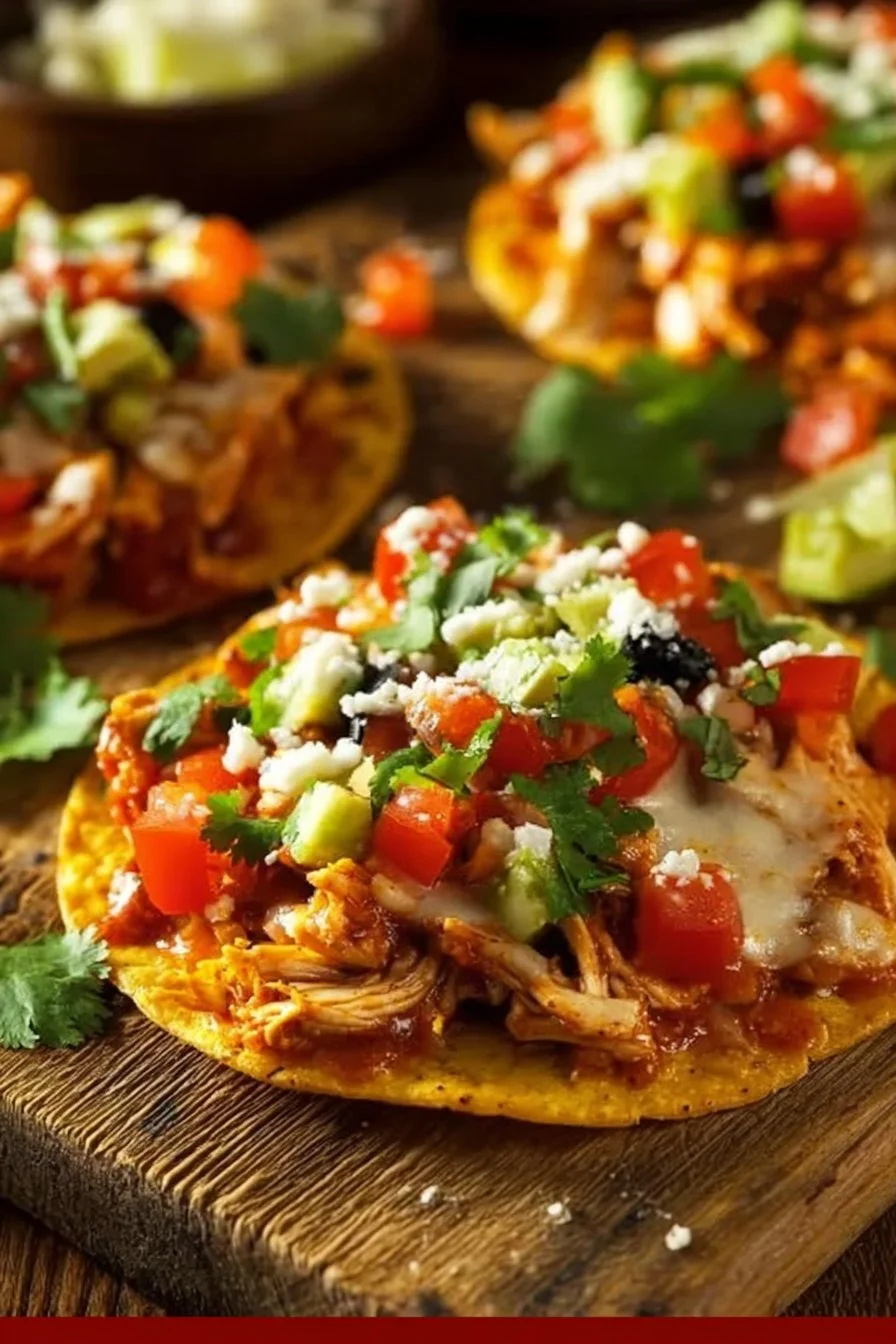 Delicious Mexican Rotisserie Chicken Tostadas topped with fresh ingredients.