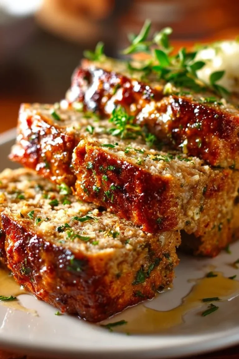 Delicious Garlic Parmesan Meatloaf served with mashed potatoes and vegetables