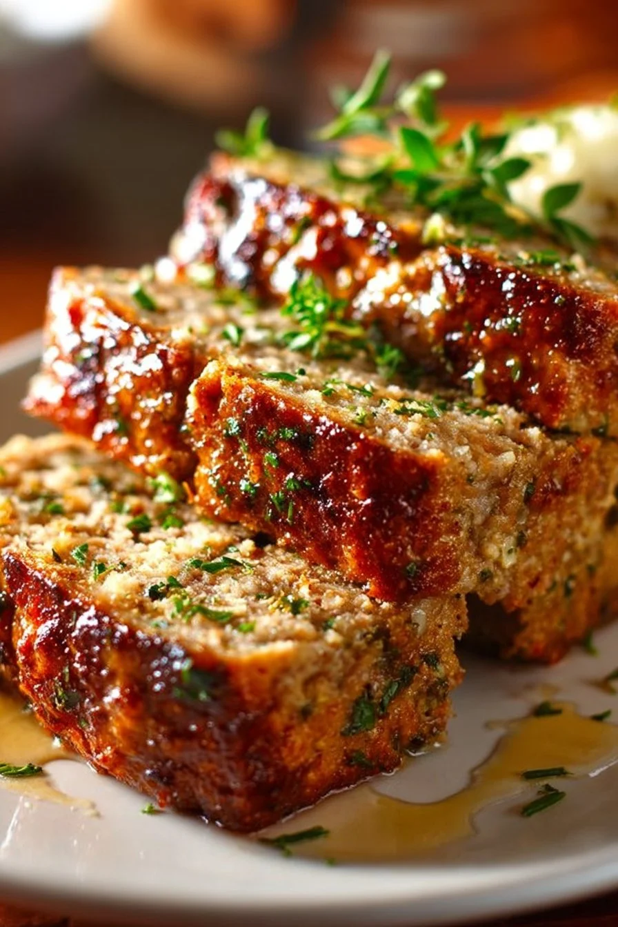 Delicious Garlic Parmesan Meatloaf served with mashed potatoes and vegetables