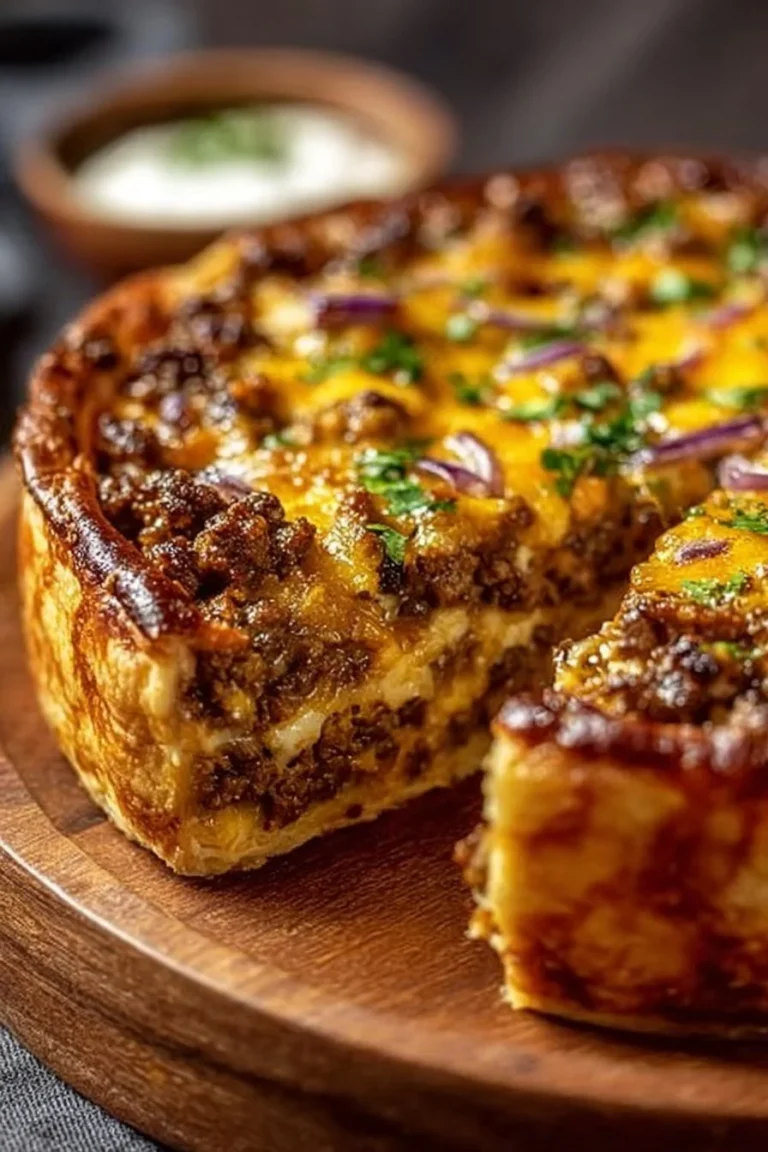 A delicious one-pan cheeseburger pie dinner, served warm with cheese and toppings.