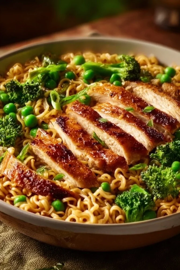 One-Pan Creamy Chicken Ramen with vegetables and herbs in a bowl