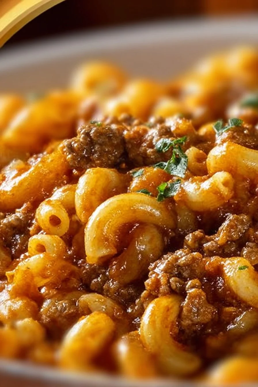 One pot beefaroni dish served in a bowl with cheese and herbs