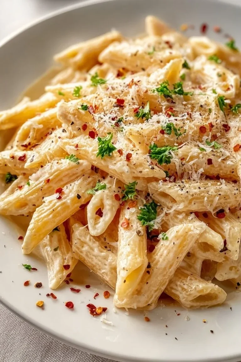 One pot creamy garlic pasta with herbs and cheese in a skillet