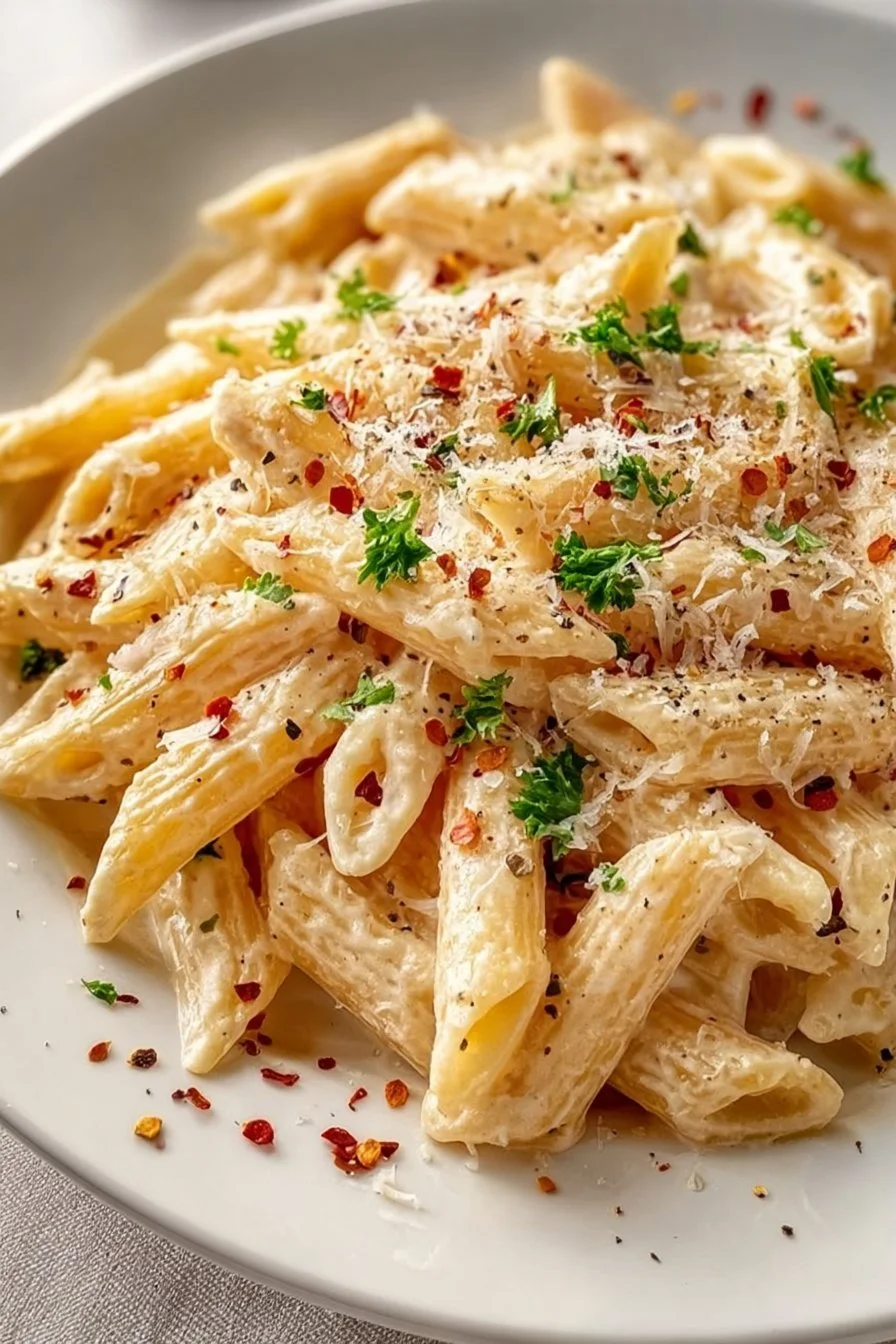 One pot creamy garlic pasta with herbs and cheese in a skillet