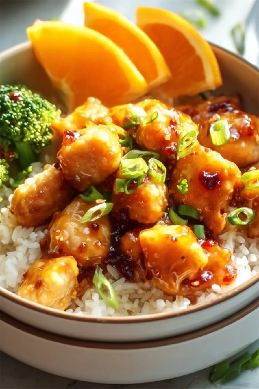 Healthy orange chicken meal prep bowls with vegetables and rice