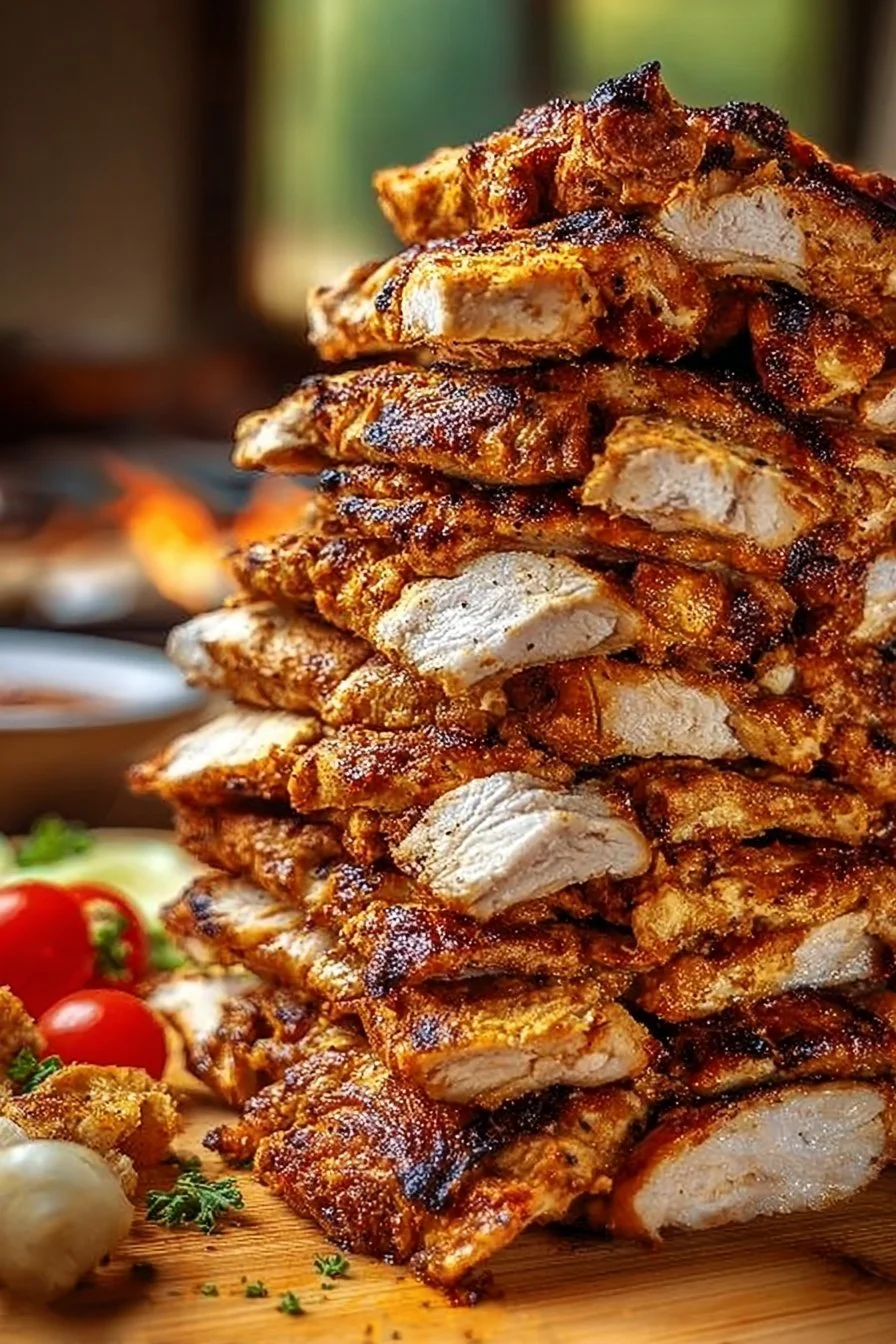 Oven-Baked Chicken Shawarma Tower served on a platter with fresh vegetables