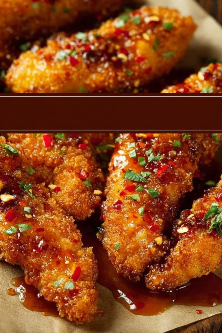 Oven-baked Nashville hot honey chicken tenders garnished with herbs