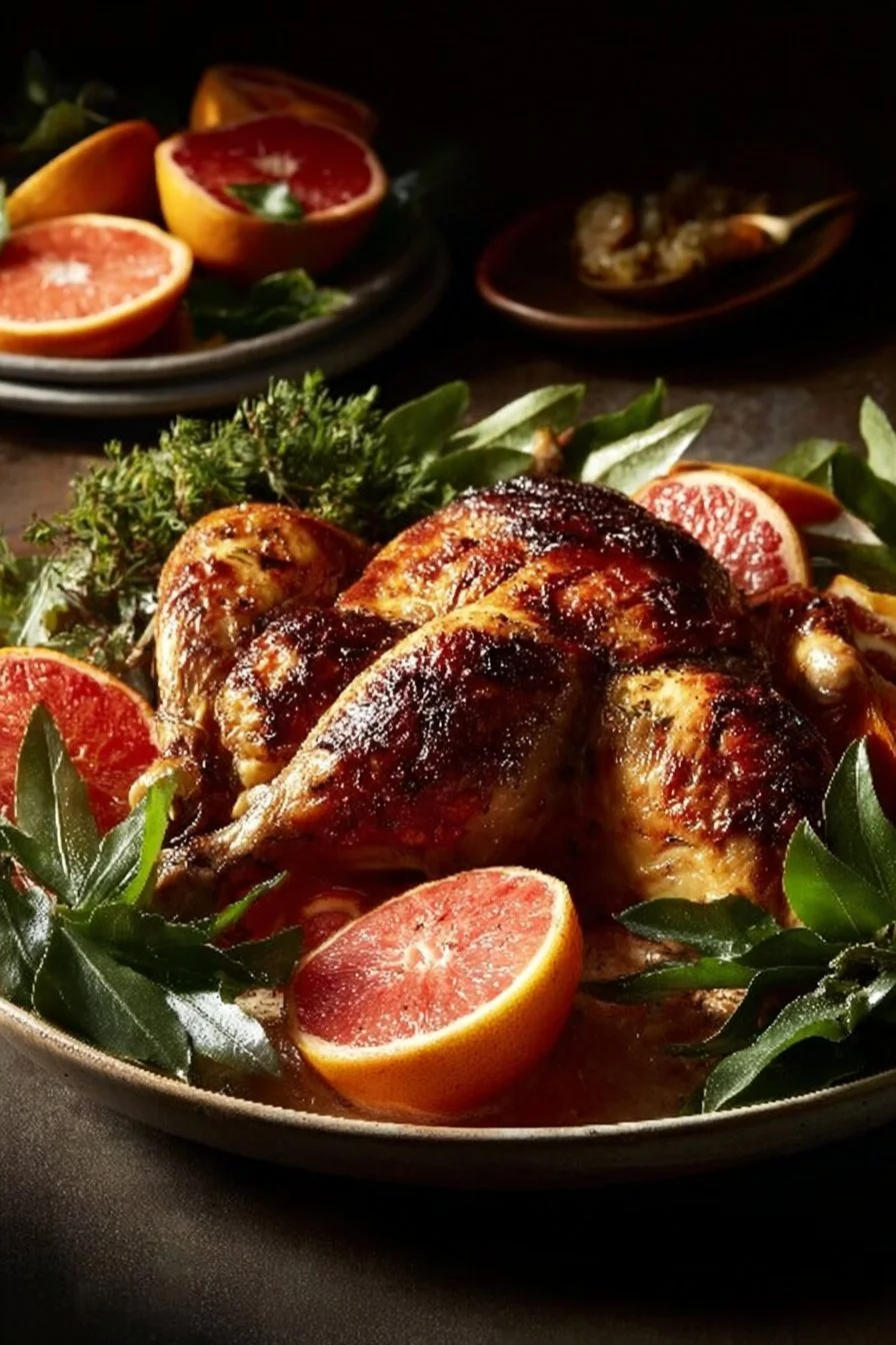 Juicy perfect roast chicken served with fresh herbs and vegetables