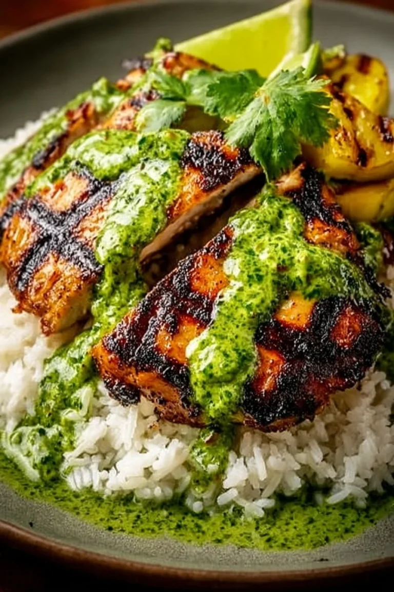 A serving of Peruvian Chicken and Rice garnished with fresh herbs