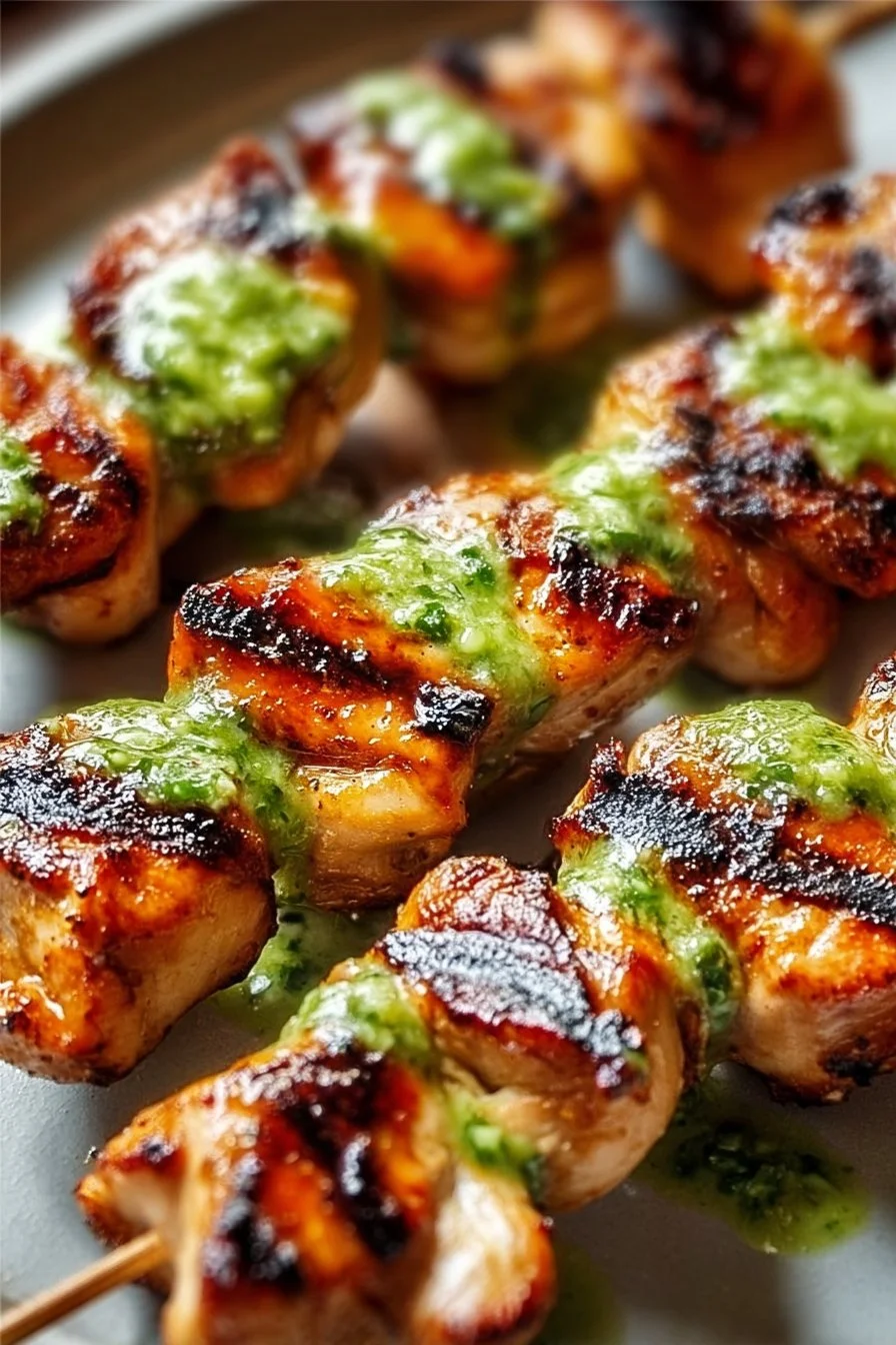 Peruvian grilled chicken skewers marinated and cooked to perfection