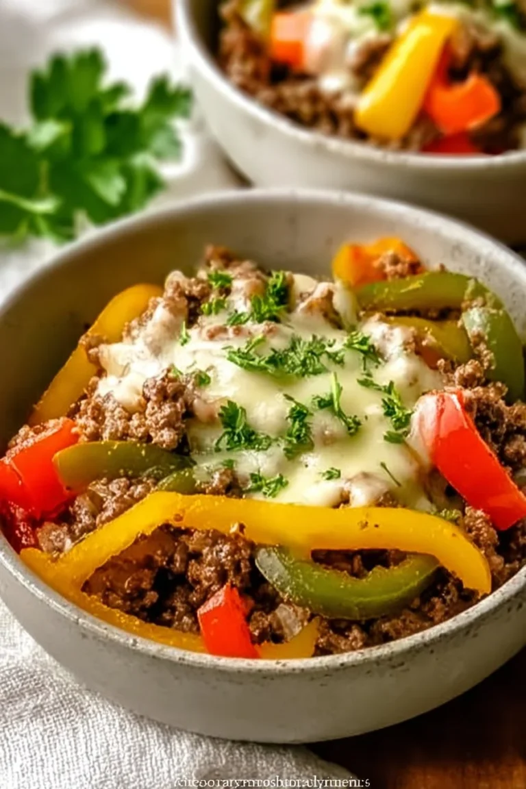 Delicious Philly Cheesesteak Bowls with beef, cheese, and peppers