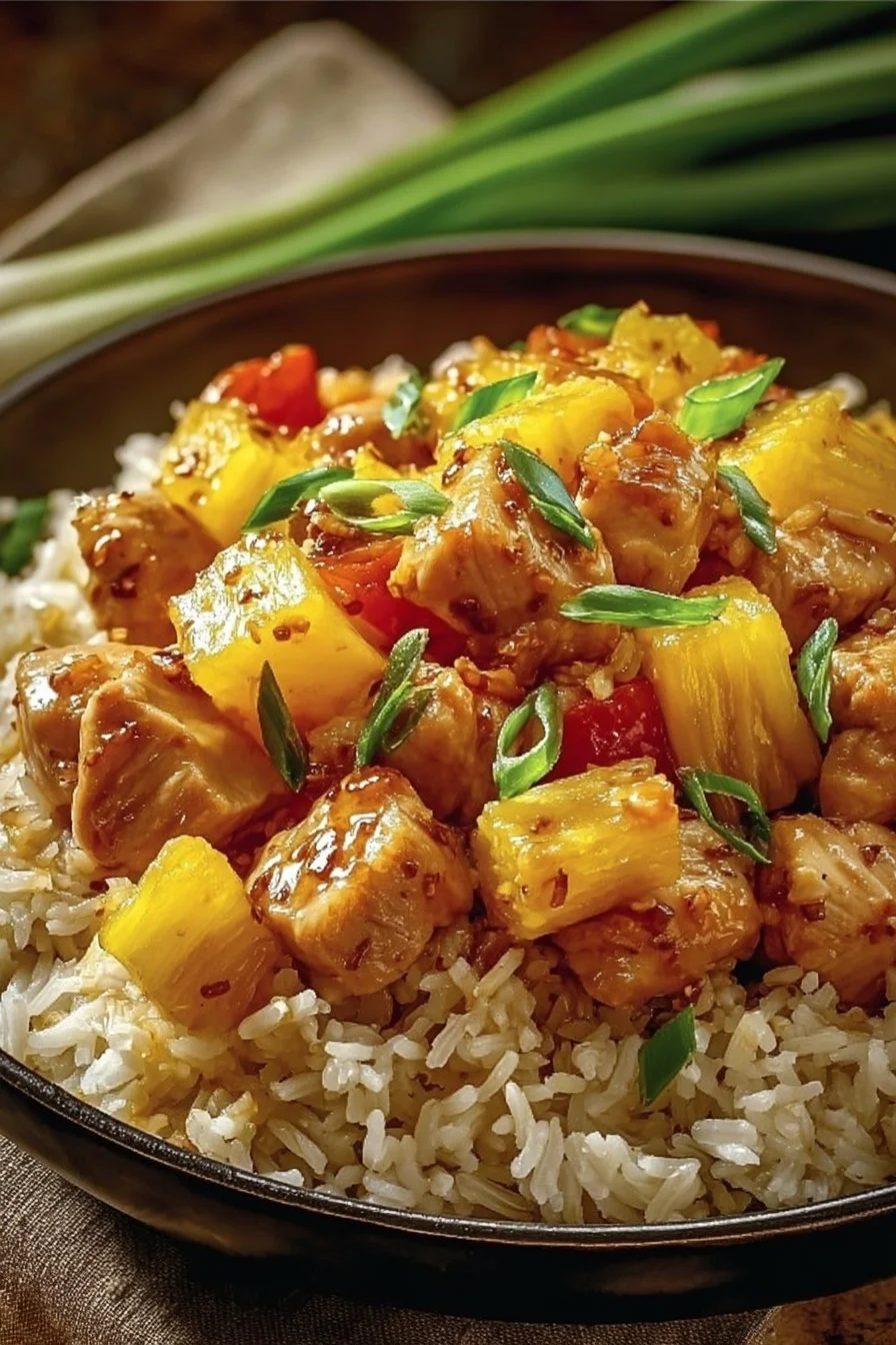 Delicious pineapple chicken served with rice in a vibrant dish.