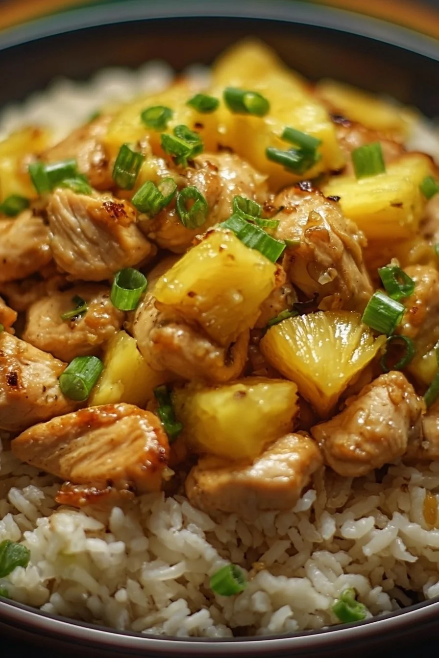 Delicious Pineapple Chicken and Rice dish garnished with fresh herbs