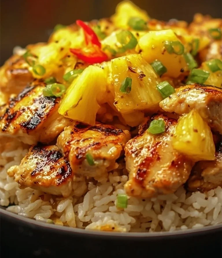Pineapple chicken served with rice in a bowl, garnished with fresh herbs