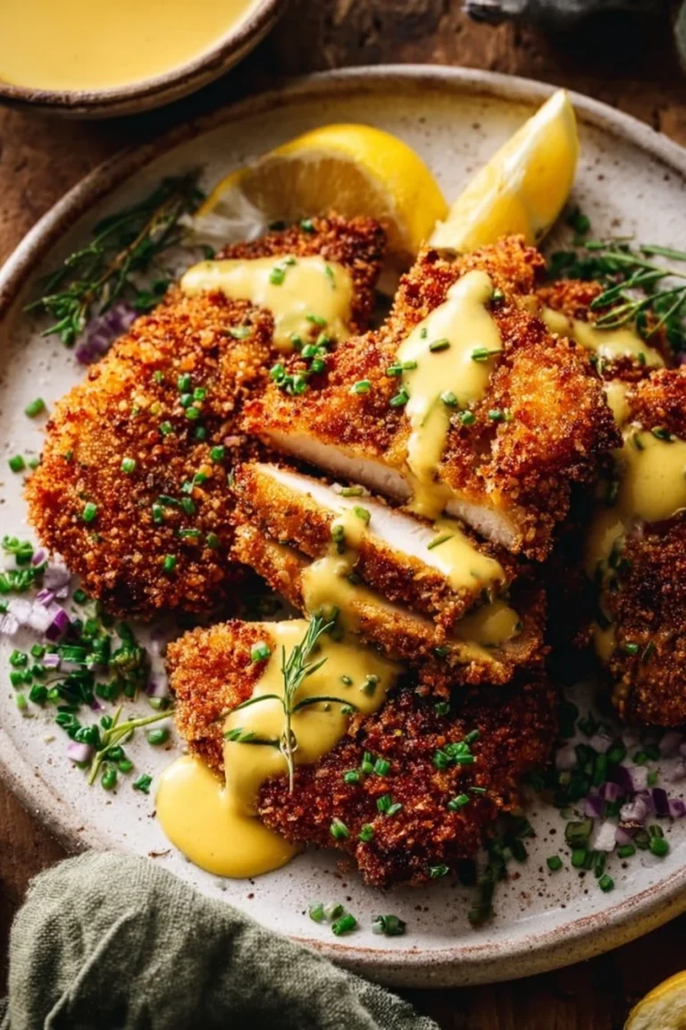 Delicious Pretzel-Crusted Chicken served with Cheddar Mustard Sauce