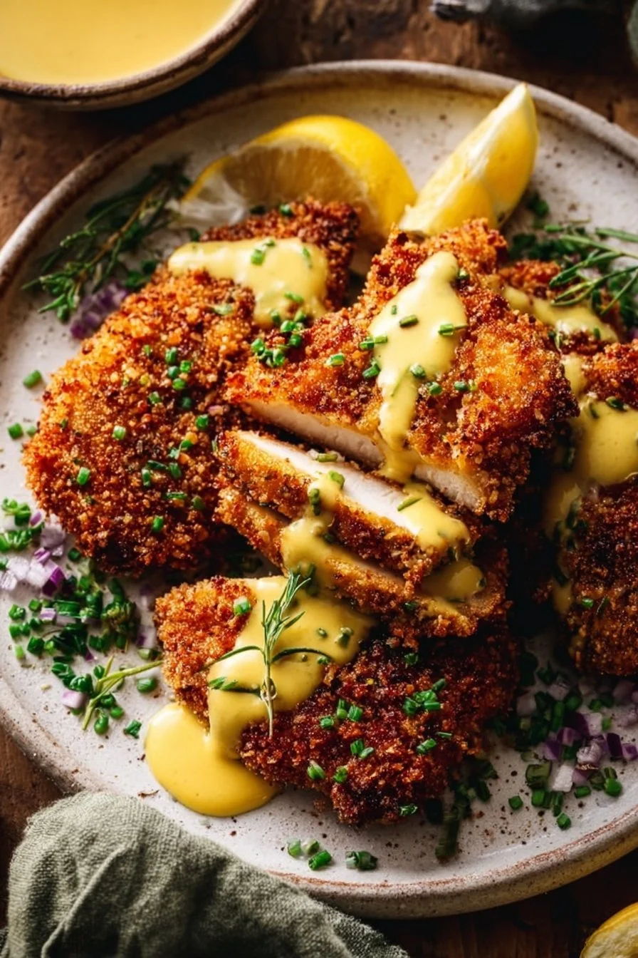 Delicious Pretzel-Crusted Chicken served with Cheddar Mustard Sauce