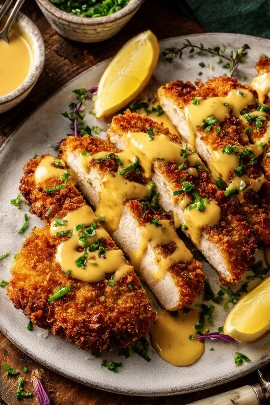 Delicious pretzel-crusted chicken with cheddar mustard sauce on a plate