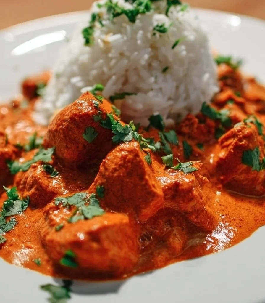 Delicious plate of quick and easy butter chicken served with rice