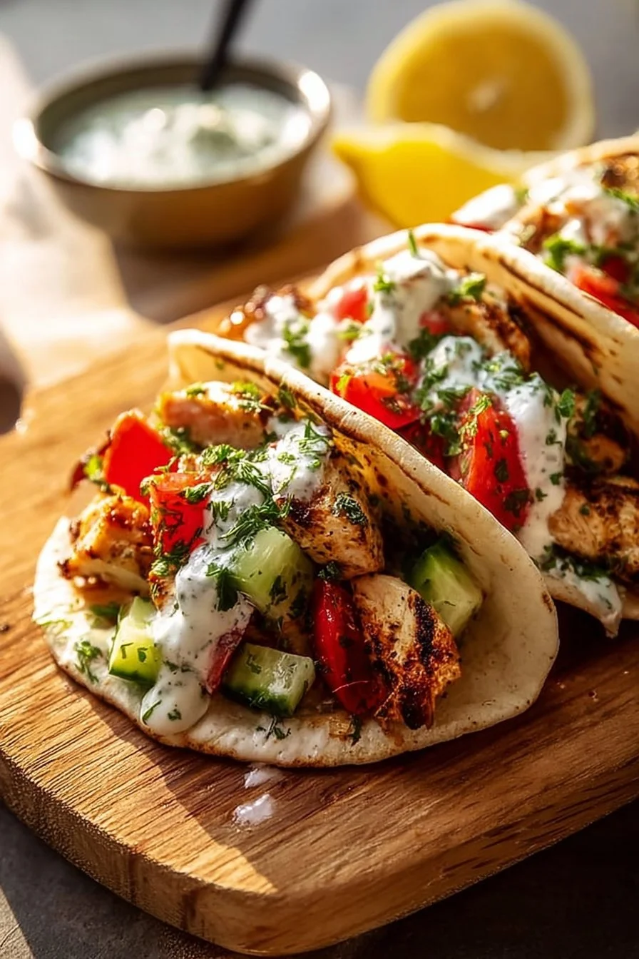 Quick Mediterranean Chicken Tacos served with fresh ingredients and herbs