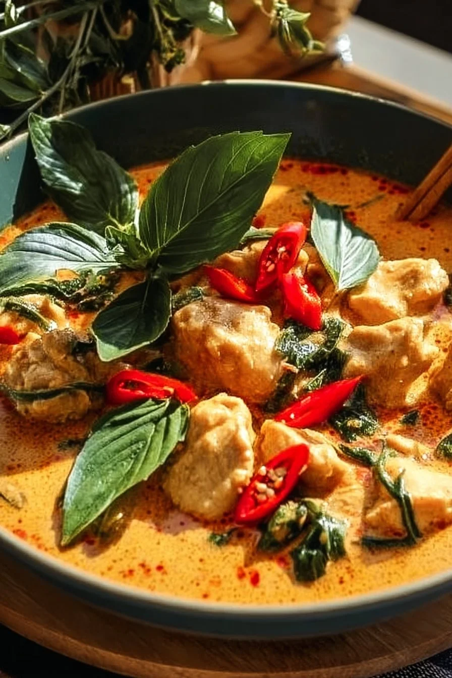 Bowl of Red Curry Chicken with pumpkin and green beans garnish