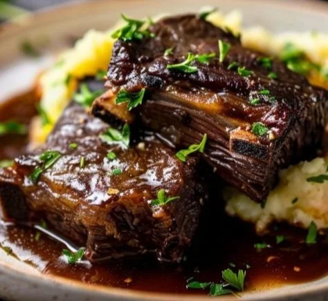 Delicious red wine braised beef short ribs served with vegetables