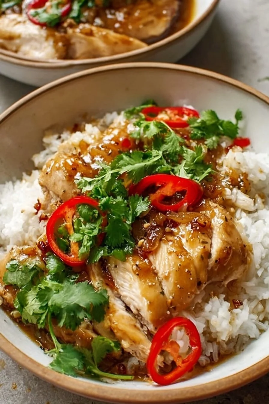 Plate of saucy garlic chicken served with rice and garnished with herbs