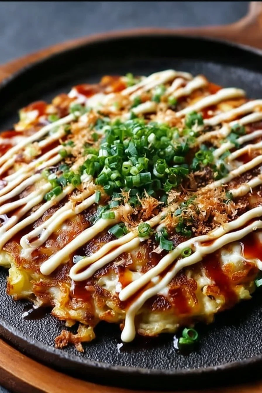 Savory Chicken Okonomiyaki with toppings on a plate