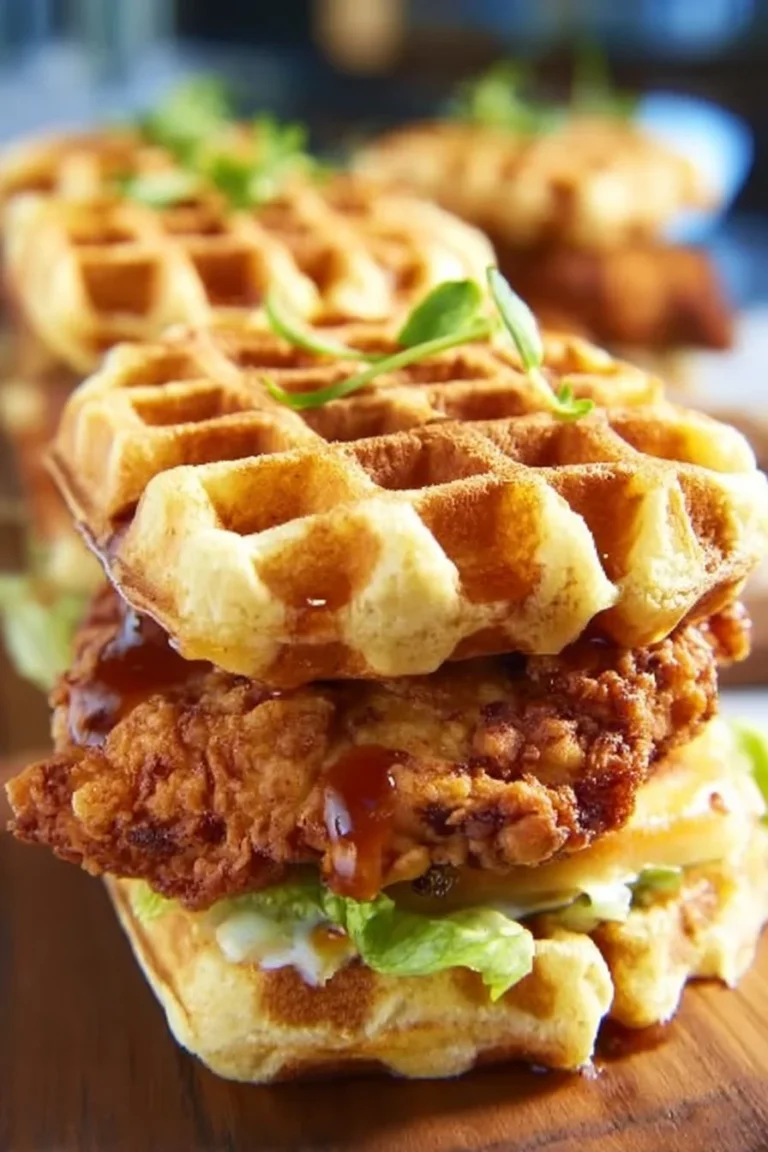 Savory chicken and waffles sliders served on a wooden platter.