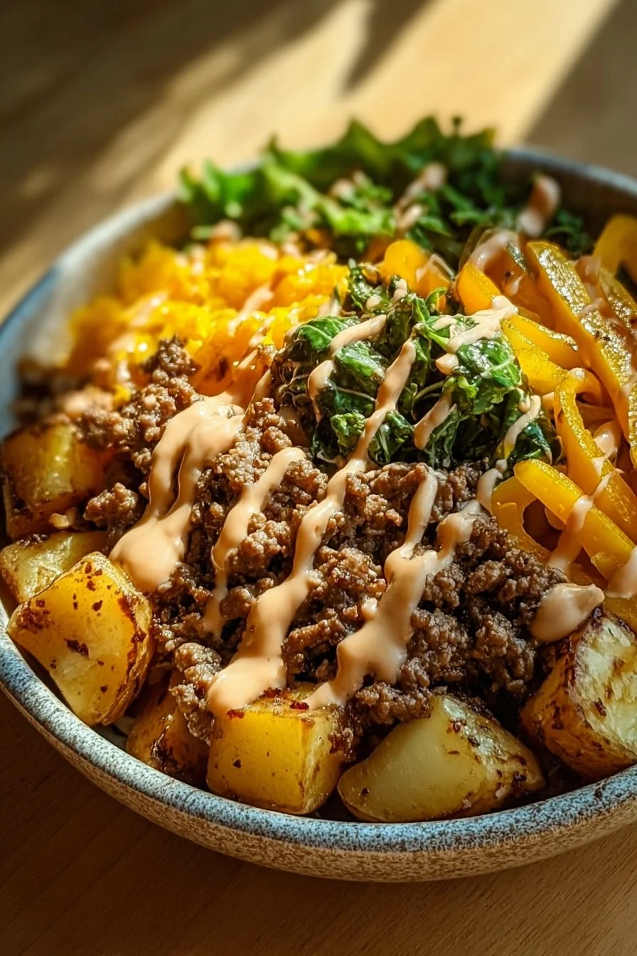 Savory smash burger bowl with fresh ingredients and toppings