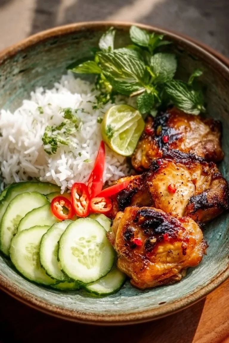 Plate of savory Vietnamese lemongrass chicken thighs garnished with herbs.