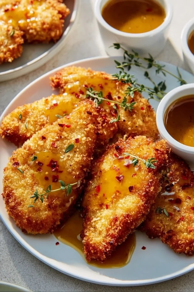 Skillet chicken cutlets served with hot honey mustard sauce on a plate
