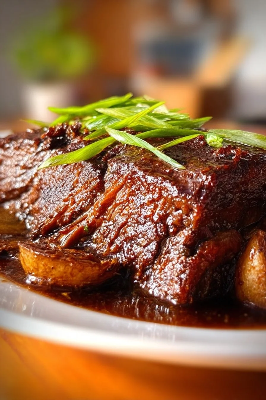 Slow cooked beef brisket served on a plate with herbs