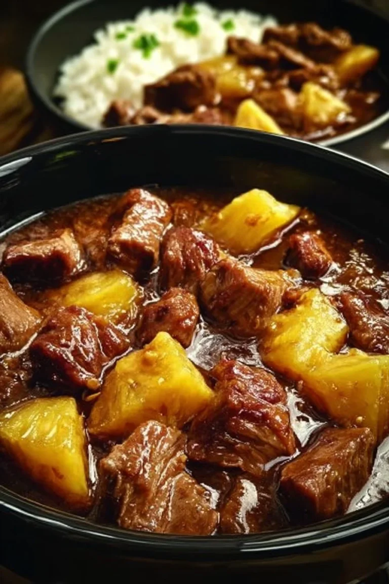 Slow Cooker Pineapple Pork served in a bowl with fresh pineapple slices.