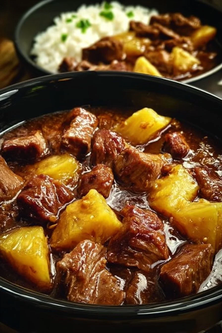 Slow Cooker Pineapple Pork served in a bowl with fresh pineapple slices.