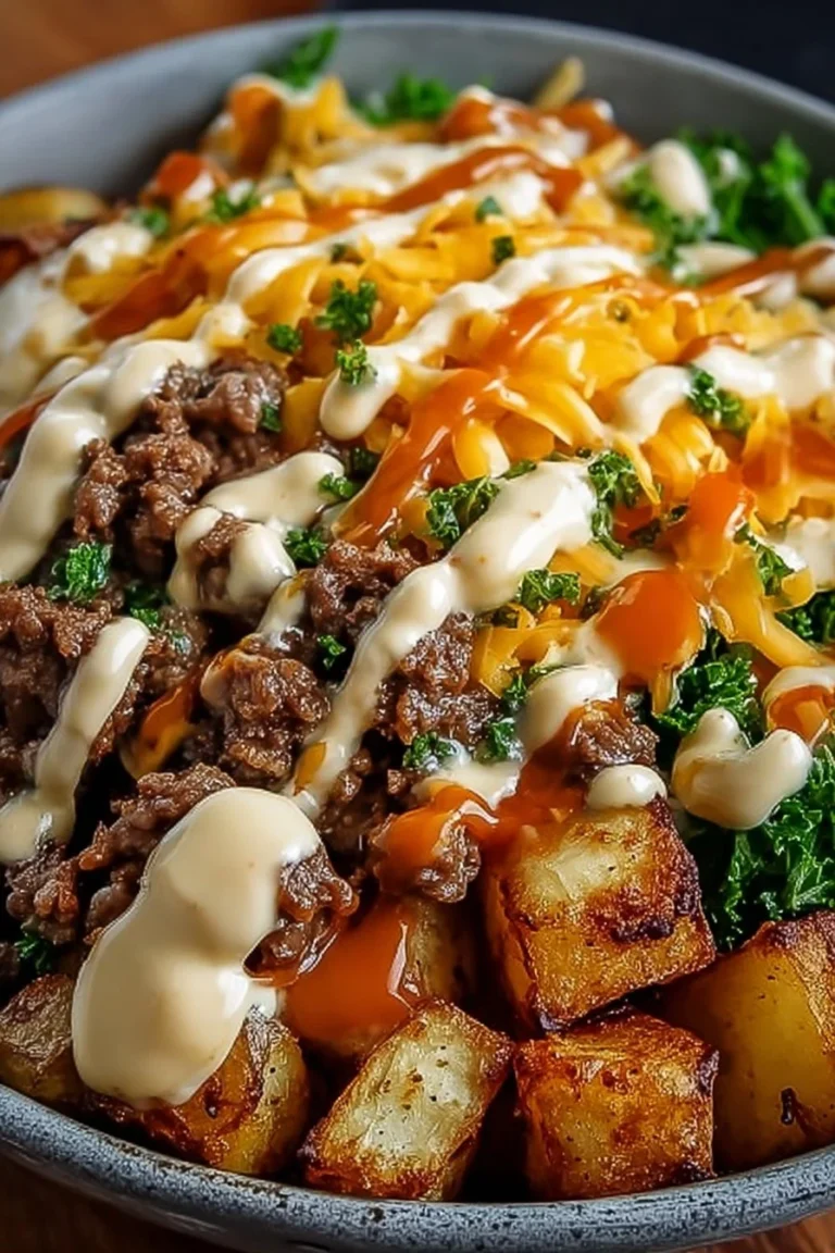 Delicious Smash Burger Bowl with beef, vegetables, and toppings