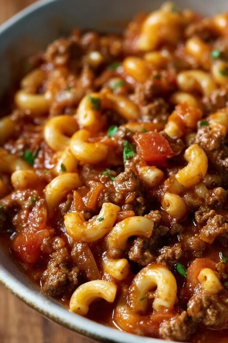 Delicious Southern Style Goulash served in a bowl with fresh herbs.