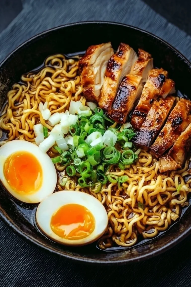 Bowl of Soy Garlic Chicken Ramen topped with fresh herbs and vegetables
