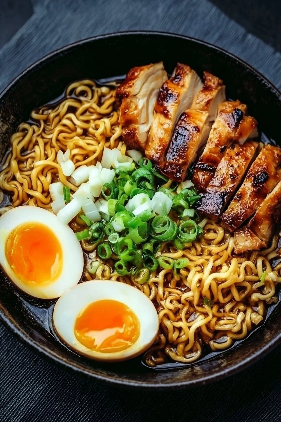 Bowl of Soy Garlic Chicken Ramen topped with fresh herbs and vegetables