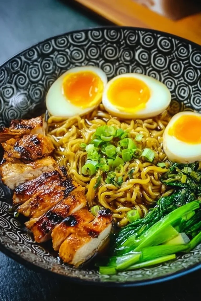 Delicious Soy Garlic Chicken Ramen bowl topped with green onions and sesame seeds.