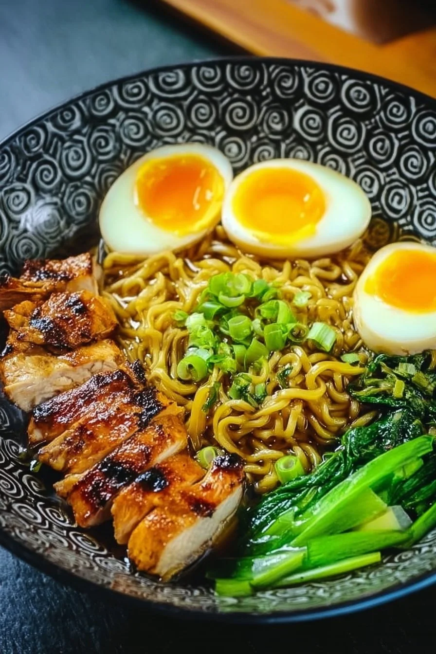 Delicious Soy Garlic Chicken Ramen bowl topped with green onions and sesame seeds.