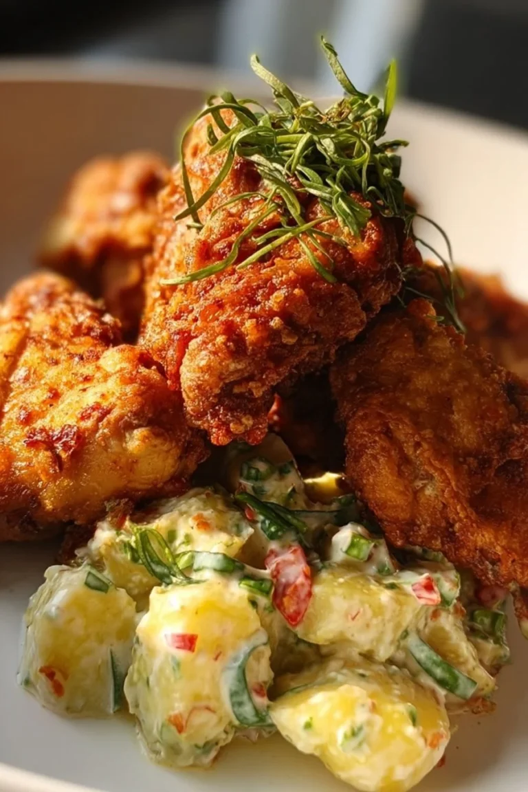 Delicious spicy fried chicken served with Southern potato salad on a plate.