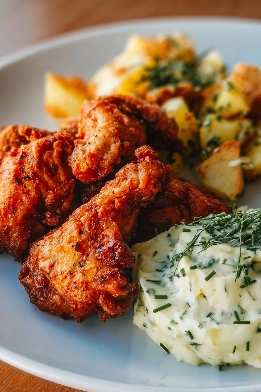 Plate of spicy fried chicken served with potato salad