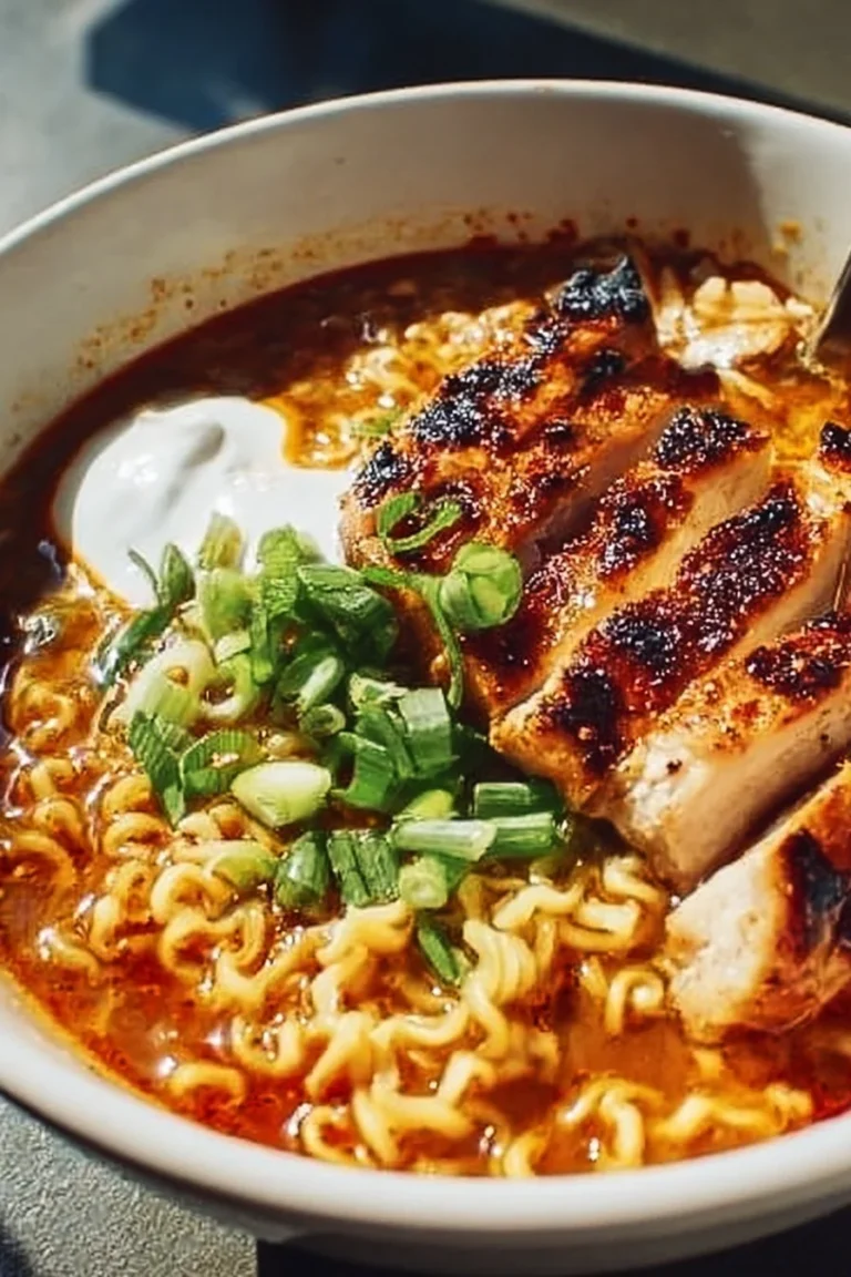 A bowl of spicy garlic chicken ramen topped with green onions and chili flakes.