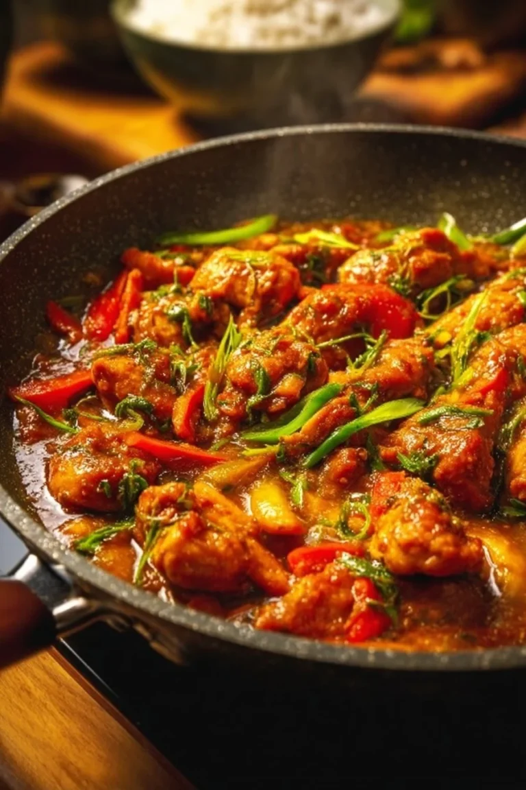 Plate of spicy ginger chicken garnished with herbs