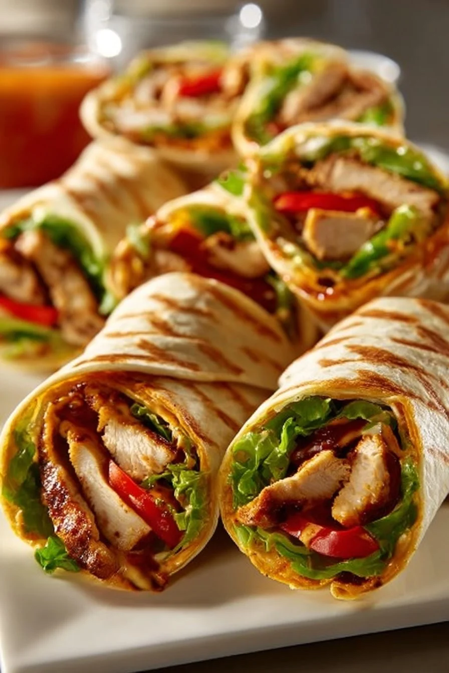 Spicy grilled chicken wrap with fresh vegetables and zesty sauce