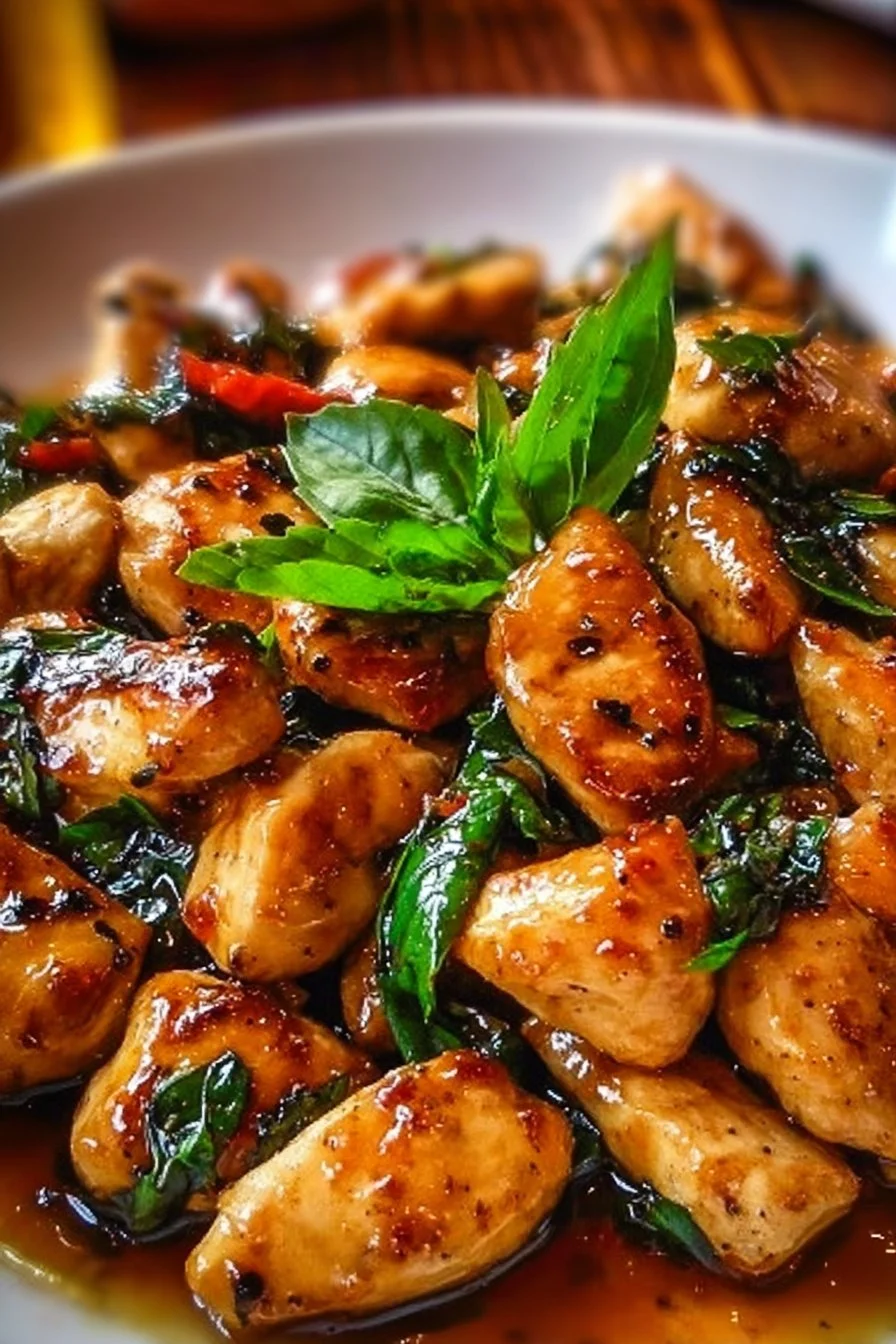Delicious Spicy Thai Basil Chicken Stir-Fry served in a bowl