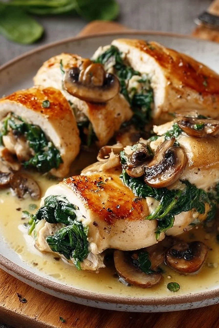 Spinach and mushroom stuffed chicken breasts ready to be served