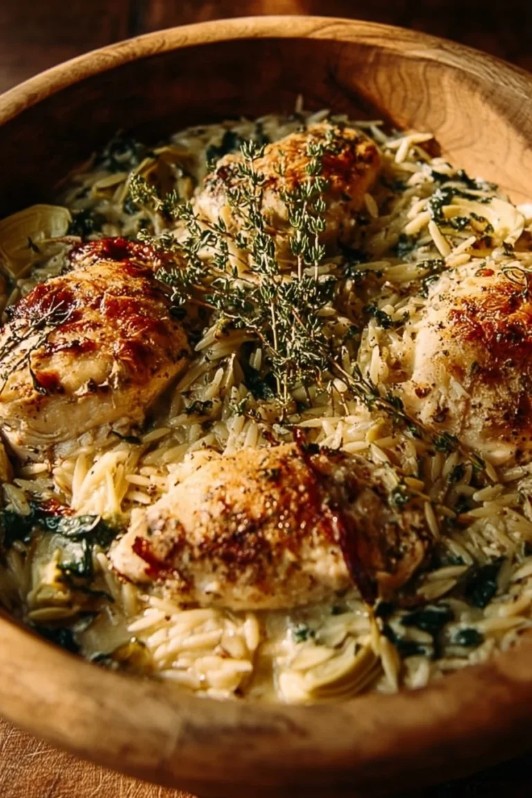 Creamy Spinach Artichoke Chicken Orzo Bake in a baking dish